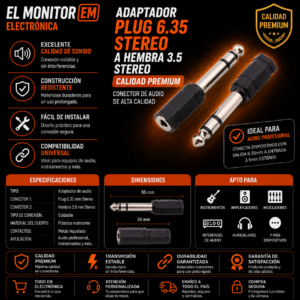 Adaptador Plug 6.35 stereo a hembra 3.5 stereo
