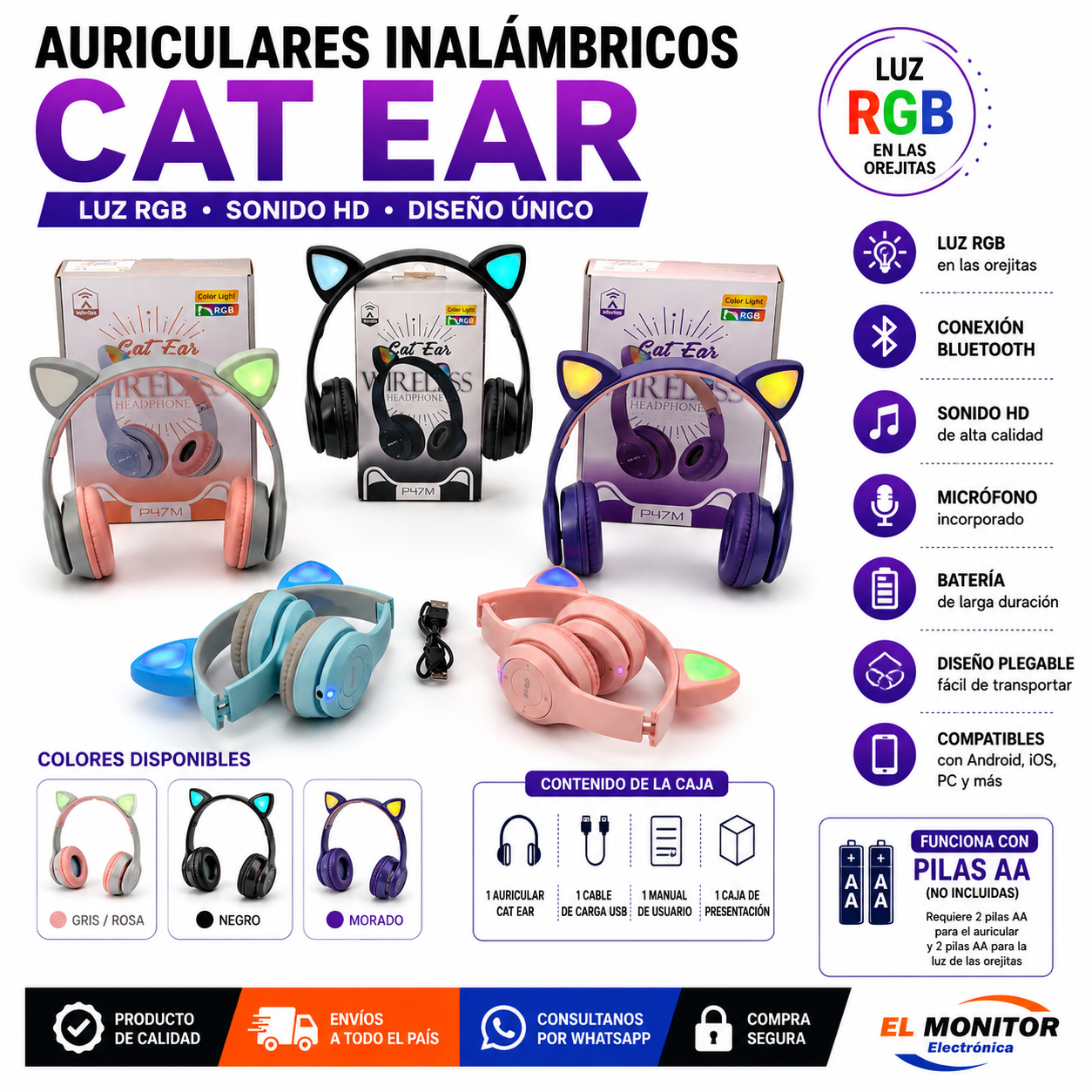 Auriculares inalámbricos Orejitas Catear P47 celeste con luz LED