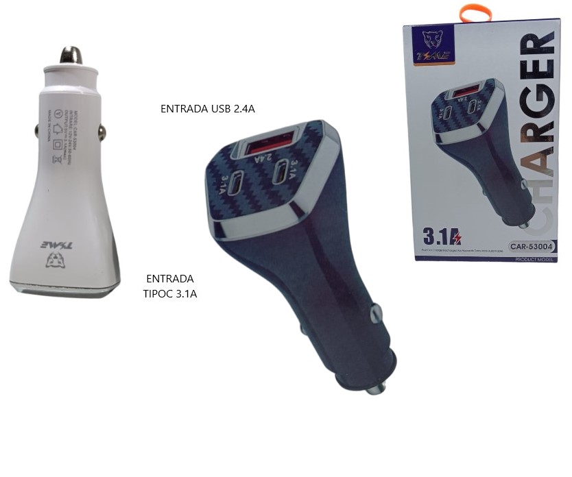 CARGADOR DE AUTO TIME 3.1A CAR-53004