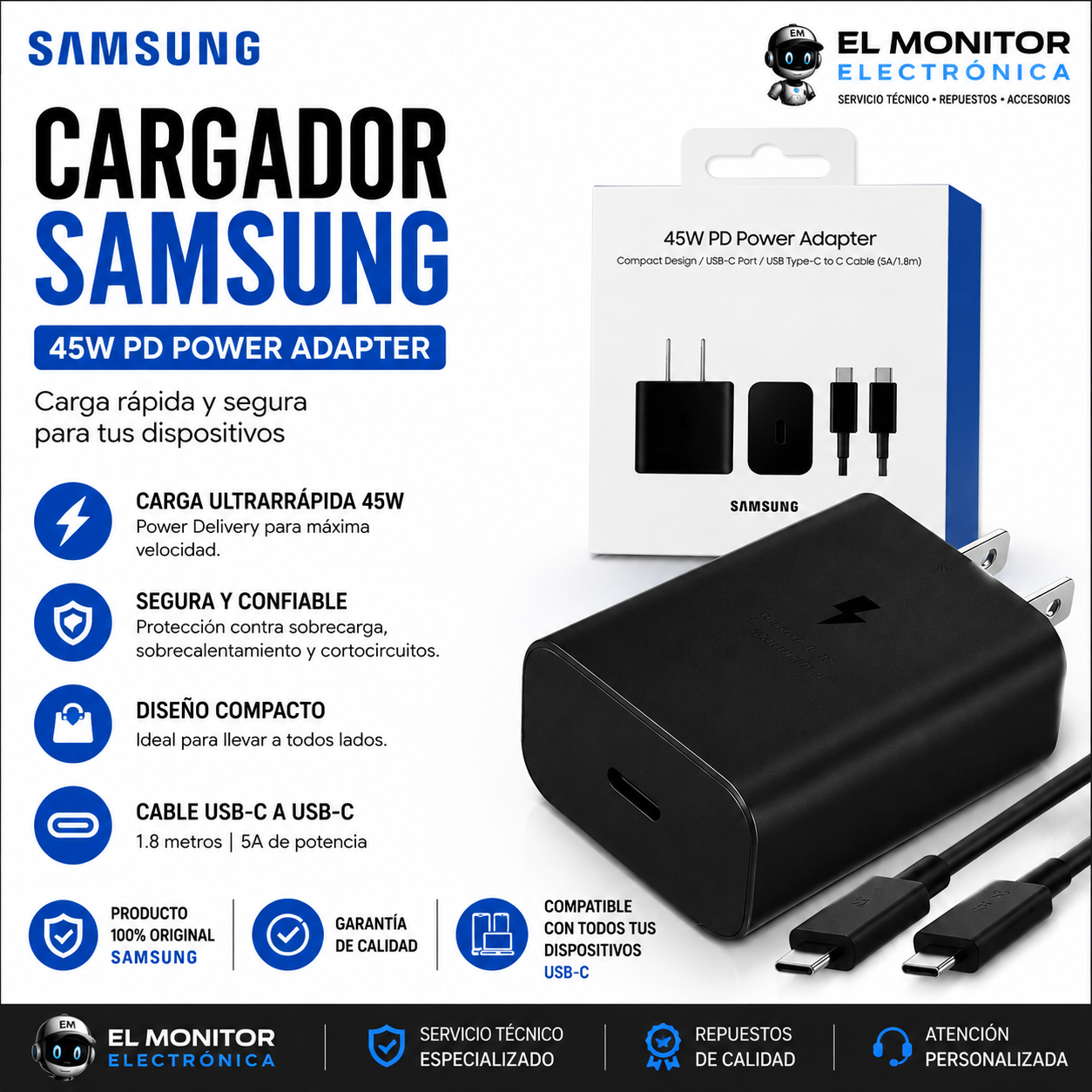 CABEZAL CARGADOR CON CABLE SAMSUNG 45W PDC SM-27