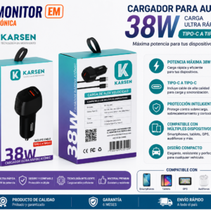 Cargador Karsen 38W Carga Turbo USB + C 5V-9V-12V