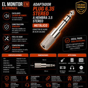 Adaptador Plug 6.35 stereo a hembra 3.5 stereo metálico