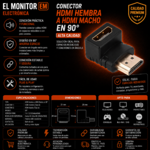 Conector HDMI hembra a HDMI macho en 90º