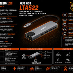Hub USB-C a HDMI + USB3.0*1 + USB2.0*1 + USB-C + PD  + RJ45