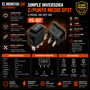 Simple inversora c/ pto medio SP3T 3 patas 250V ON-OFF ON 3A