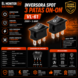 Simple inversora SPDT 3 patas 250V ON-ON 2A 15x10.5mm