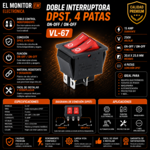 Doble interruptora DPST 4 patas ON/OFF 15A 30.6x25.6mm