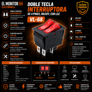 DOBLE TECLA INTERRUPTORA DE 4 PINES, ON/OFF,  CON LUZ