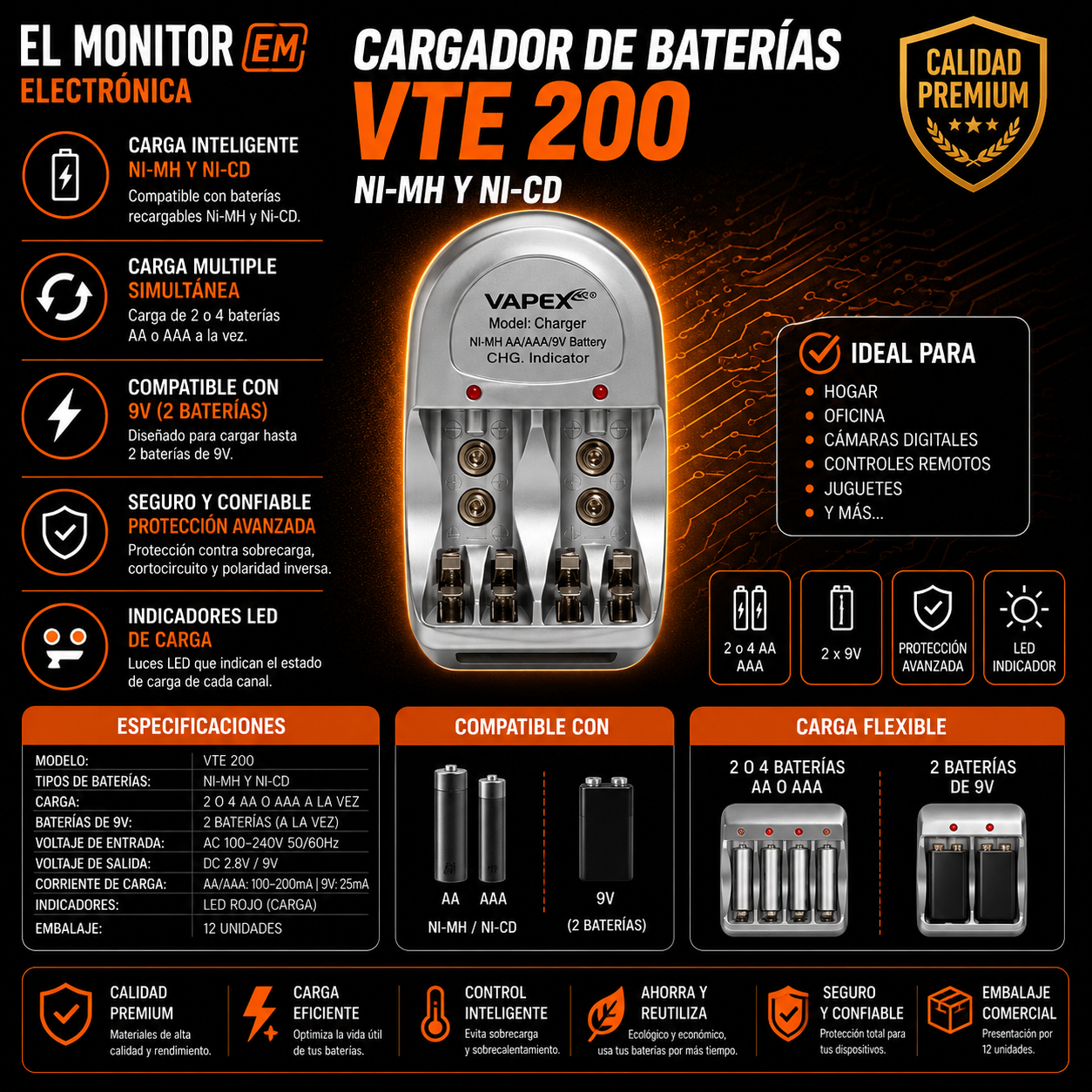 CARGADOR MULTIiPLE CARGA 2 O 4 AA/AAA ,2 BAT. 9 V