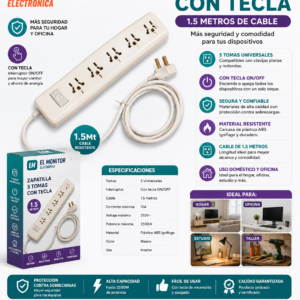 Zapatilla 5 tomas tripolar con tecla x1.5mts