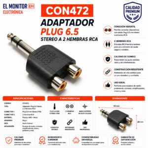 Adaptador Plug 6.5 estereo Hembra a RCA doble hembra