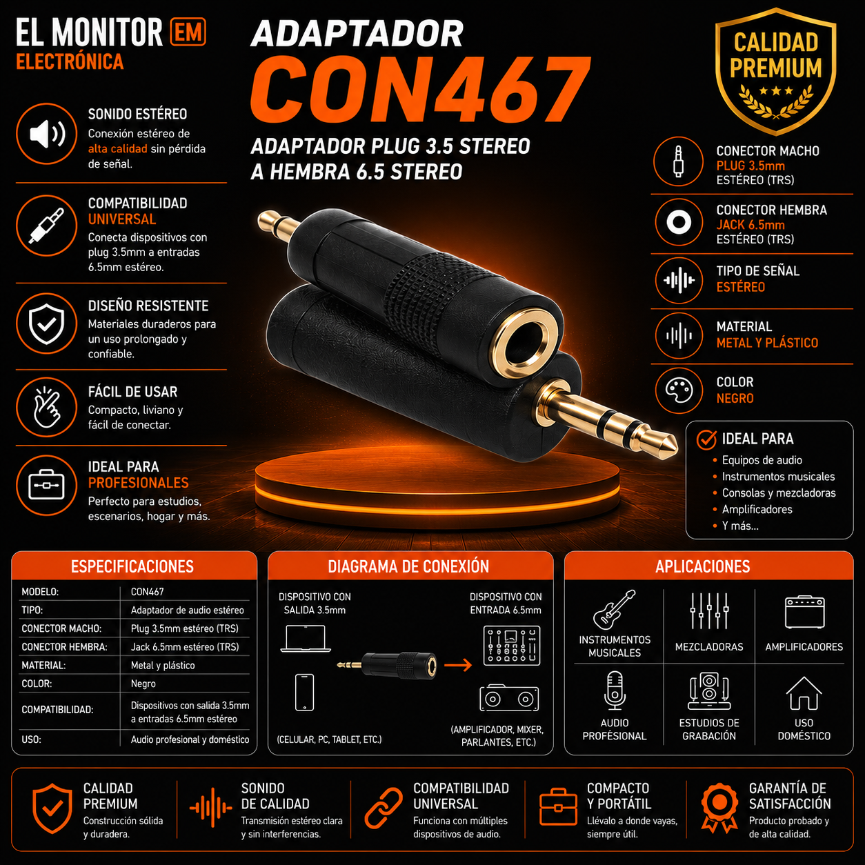 Adaptador Plug 6.35 macho stereo a hembra 3.5 stereo macho