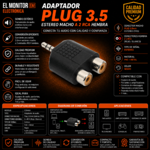 ADAPTADOR PLUG 3.5 ESTEREO MACHO A 2 RCA HEMBRA