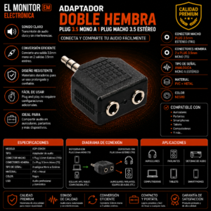 Adaptador Doble Hembra Plug 3.5 Mono A 1 Plug Macho 3.5 estereo