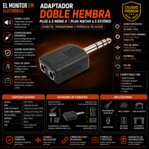 Adaptador Doble Hembra Plug 6.5 Mono A 1 Plug Macho 6.5 estereo