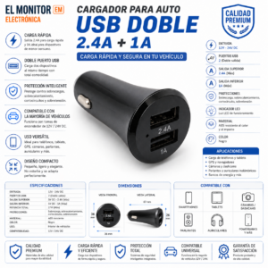CARGADOR AUTO 12V SALIDA 5V 2A 1A