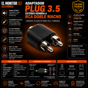 Adaptador Plug 3.5 estereo Hembra a RCA doble macho