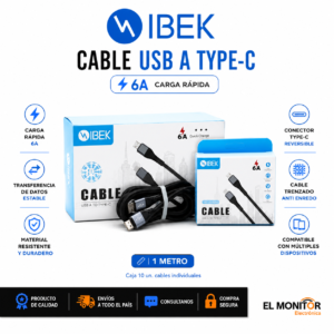 Cable USB a USB Tipo C WIBEK 6A Carga Rápida 1 Metro