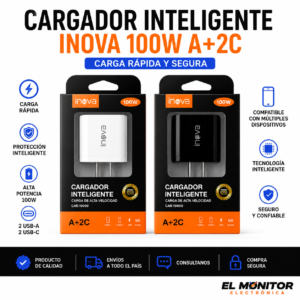 Cargador Inteligente Inova 100W A+2C USB + USB-C Carga Rápida CAR-10000