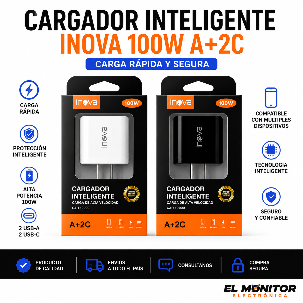 Cargador Inteligente Inova 100W A+2C USB + USB-C Carga Rápida CAR-10000