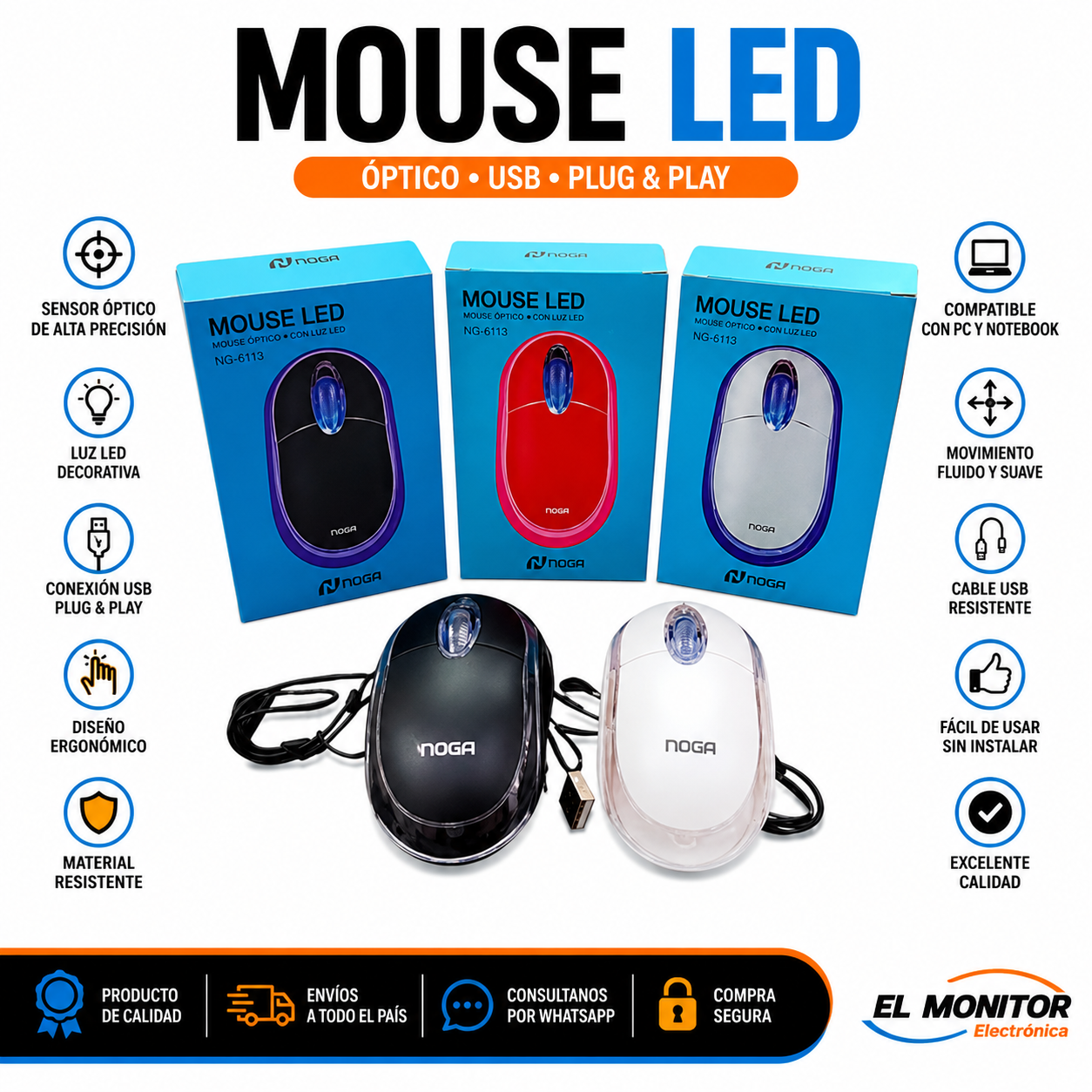 Mouse Óptico USB LED Noga NG-6113 Plug & Play para PC y Notebook