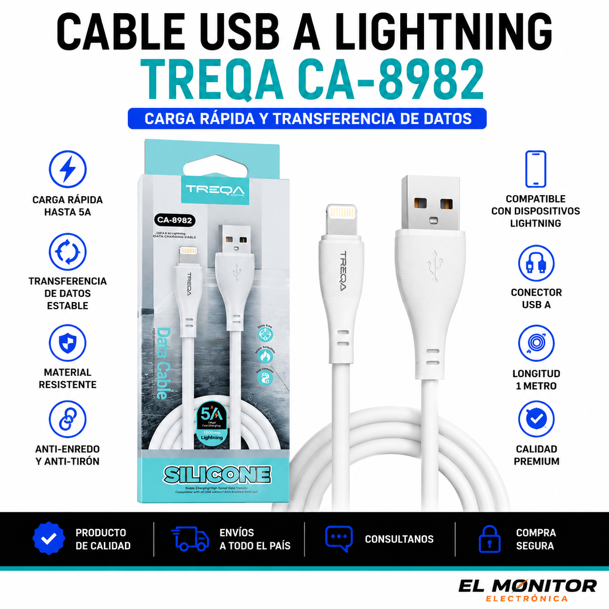 Cable USB a Lightning Treqa CA-8982 Silicone 5A Carga Rápida 1 Metro