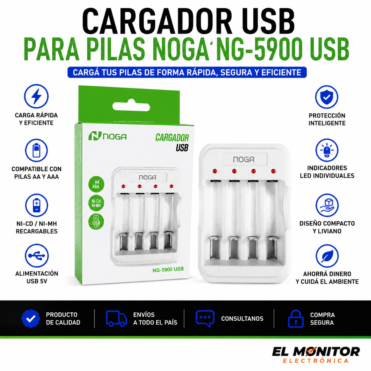 Cargador USB para Pilas Recargables Noga NG-5900 USB AA/AAA Ni-MH Ni-CD
