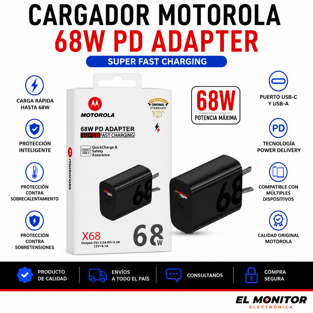Cargador Motorola 68W PD Adapter USB-C + USB-A Super Fast Charging X68