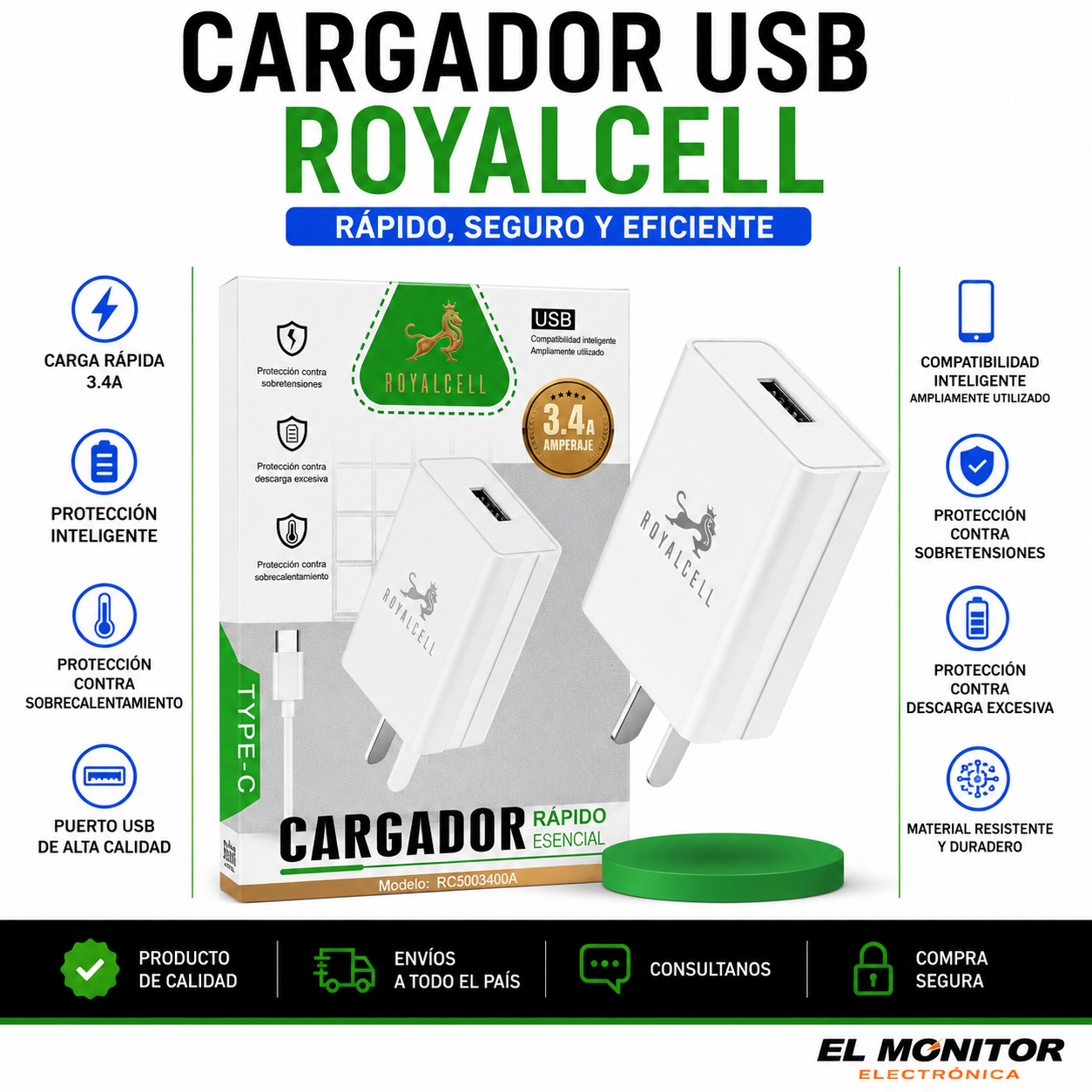 Cargador USB Royalcell 3.4A con Cable USB a USB-C RC500340A