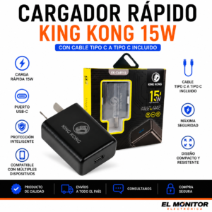 Cargador Rápido King Kong 15W USB-C con Cable Tipo C a Tipo C KK-CAR143