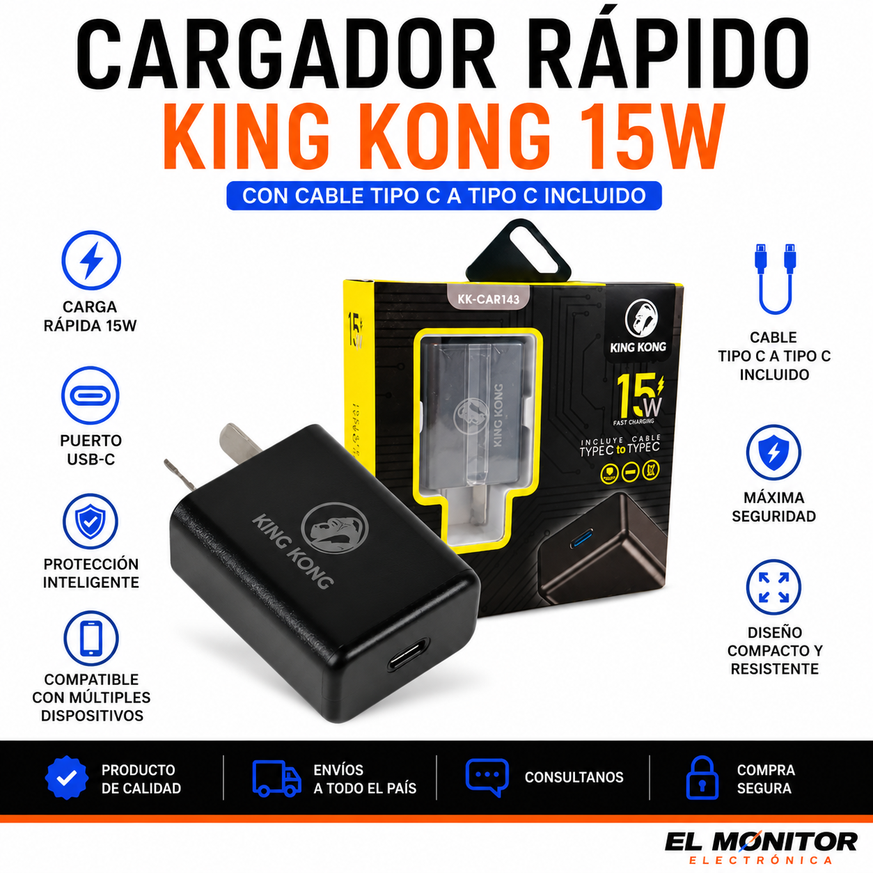 Cargador Rápido King Kong 15W USB-C con Cable Tipo C a Tipo C KK-CAR143
