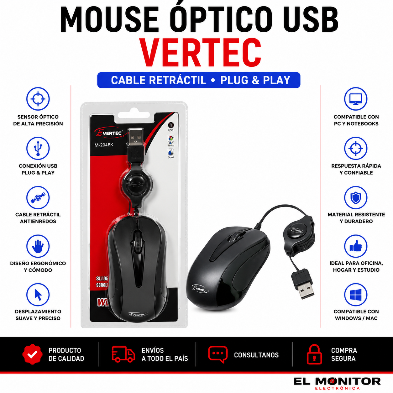 Mouse Óptico USB Vertec M-204BK con Cable Retráctil
