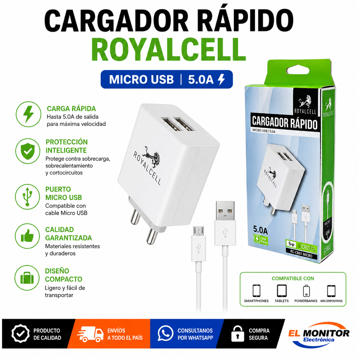 Cargador USB Royalcell 3.4A con Cable USB a Micro USB V8