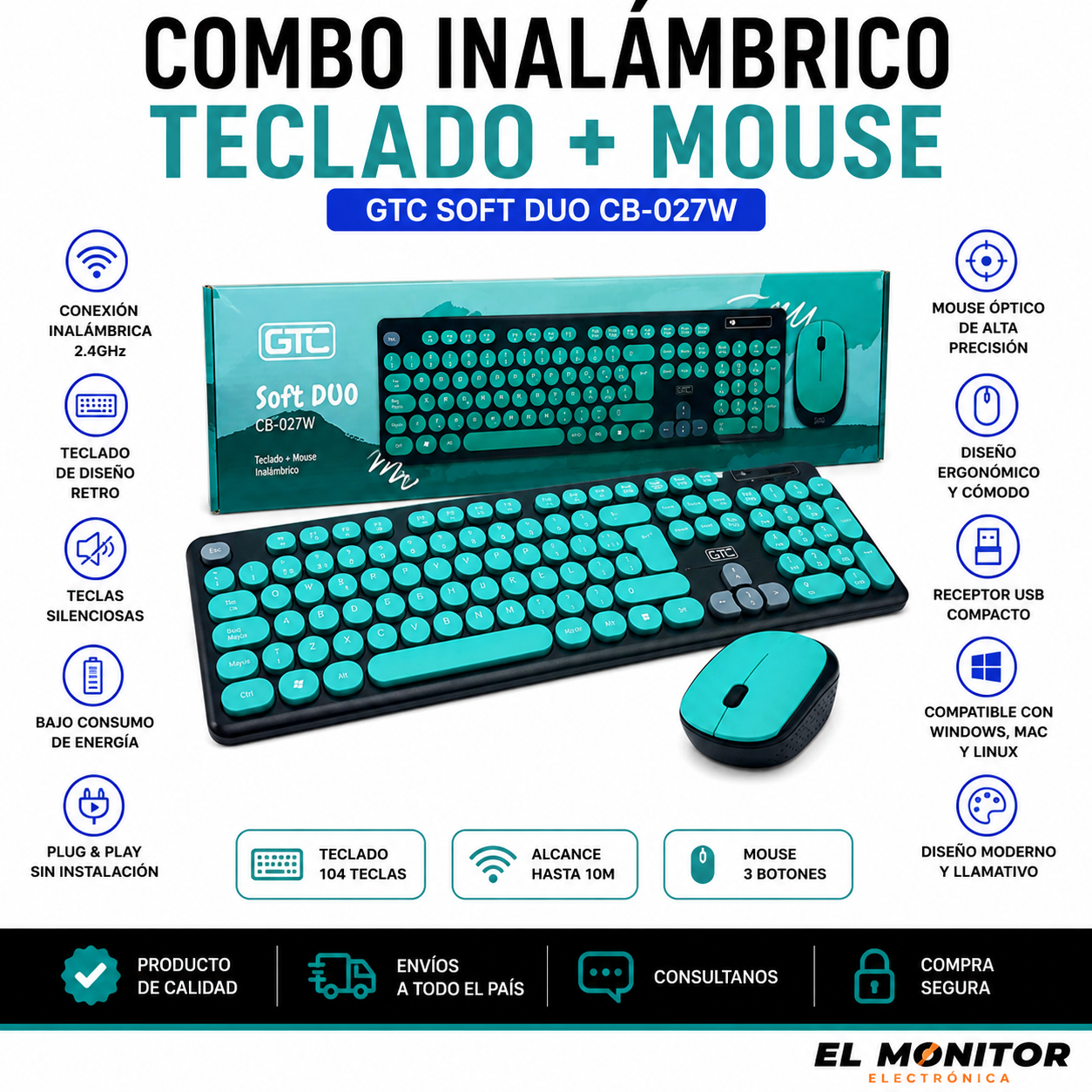 Combo Teclado y Mouse Inalámbrico GTC Soft Duo CBG-027V 2.4GHz