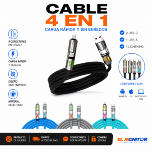 Cable 4 en 1 Universal USB-A + USB-C + Lightning