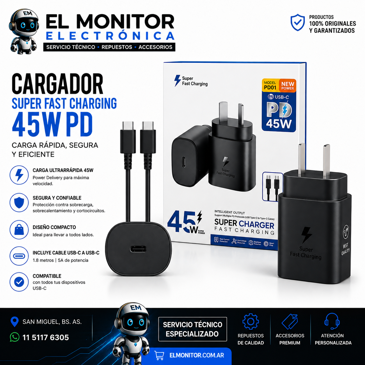 CABEZAL CARGADOR CON CABLE SAMSUNG 45W PD C a C