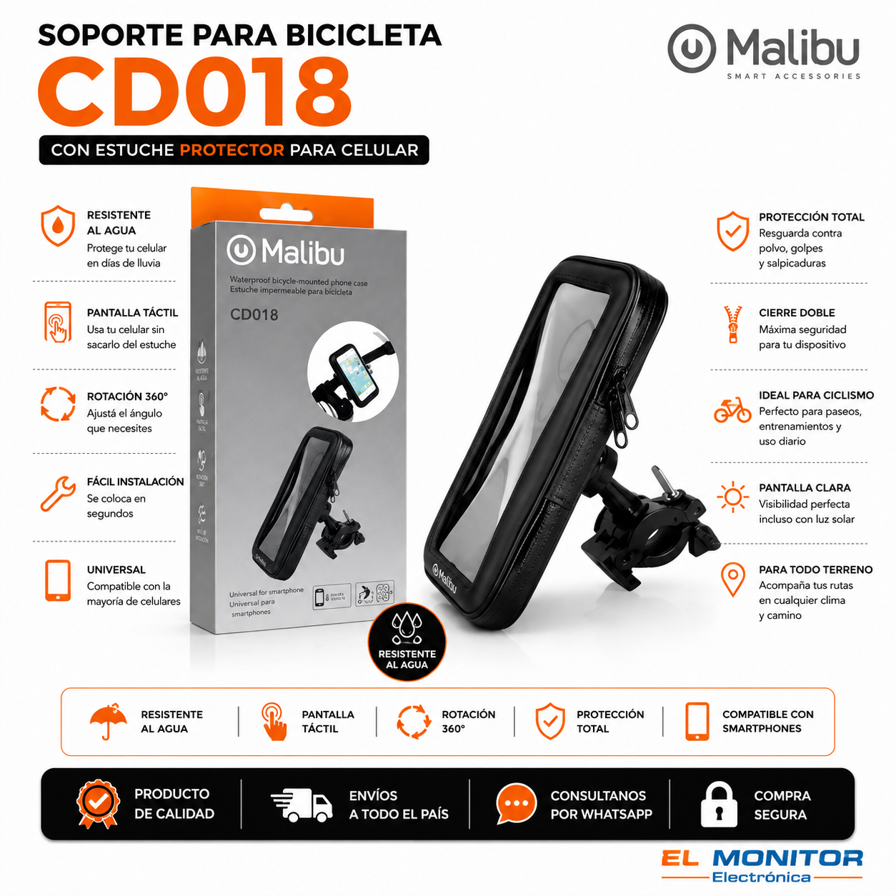 Soporte para Celular de Bicicleta Malibu CD018 con Funda Impermeable