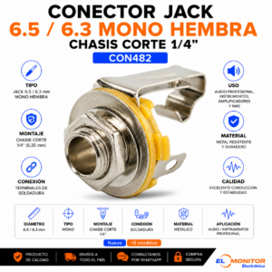 Conector Jack 6.5 6.3 Mono Hembra Chasis Corte 1/4