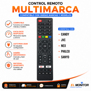 Control Remoto Multimarca para TV Candy, JVC, Nex, Philco y Sanyo