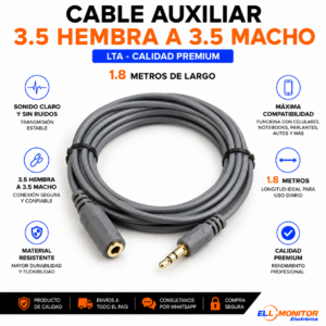 CABLE PARA AUDIO AUXILIAR HEMBRA A AUXILIAR MACHO 3.5 1,8M