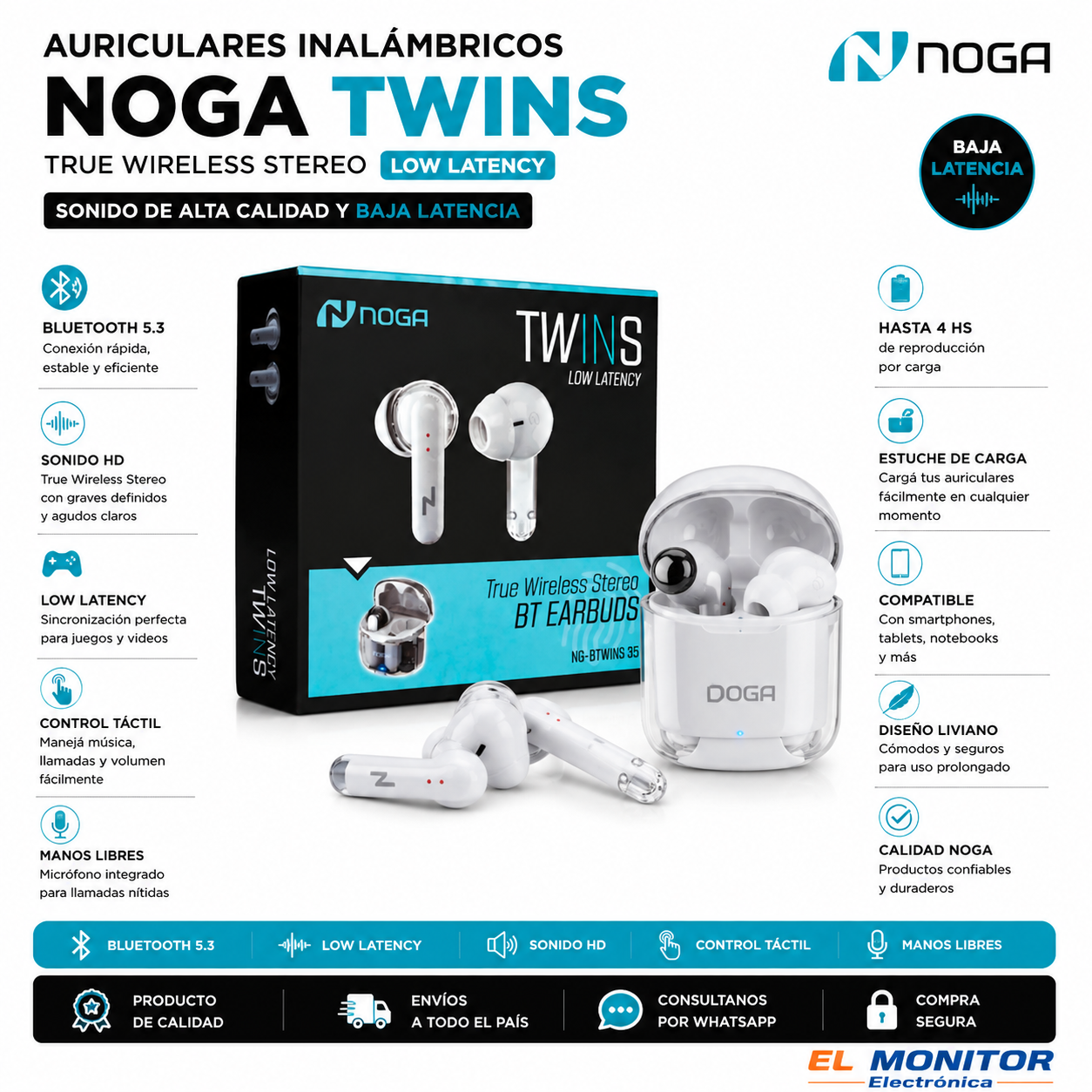 Auriculares Inalámbricos NOGA TWINS NG-BTWINS 35 Bluetooth 5.3