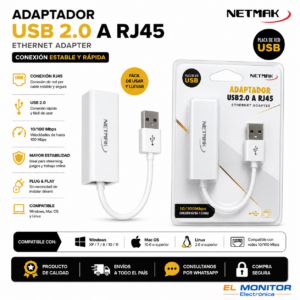 Adaptador USB 2.0 a RJ45 Ethernet Netmak 10/100 Mbps