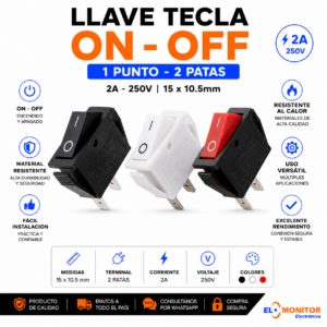 LLAVE TECLA 1 PUNTO 2 PATAS ON-OFF 2A 15X10.5mm 250V