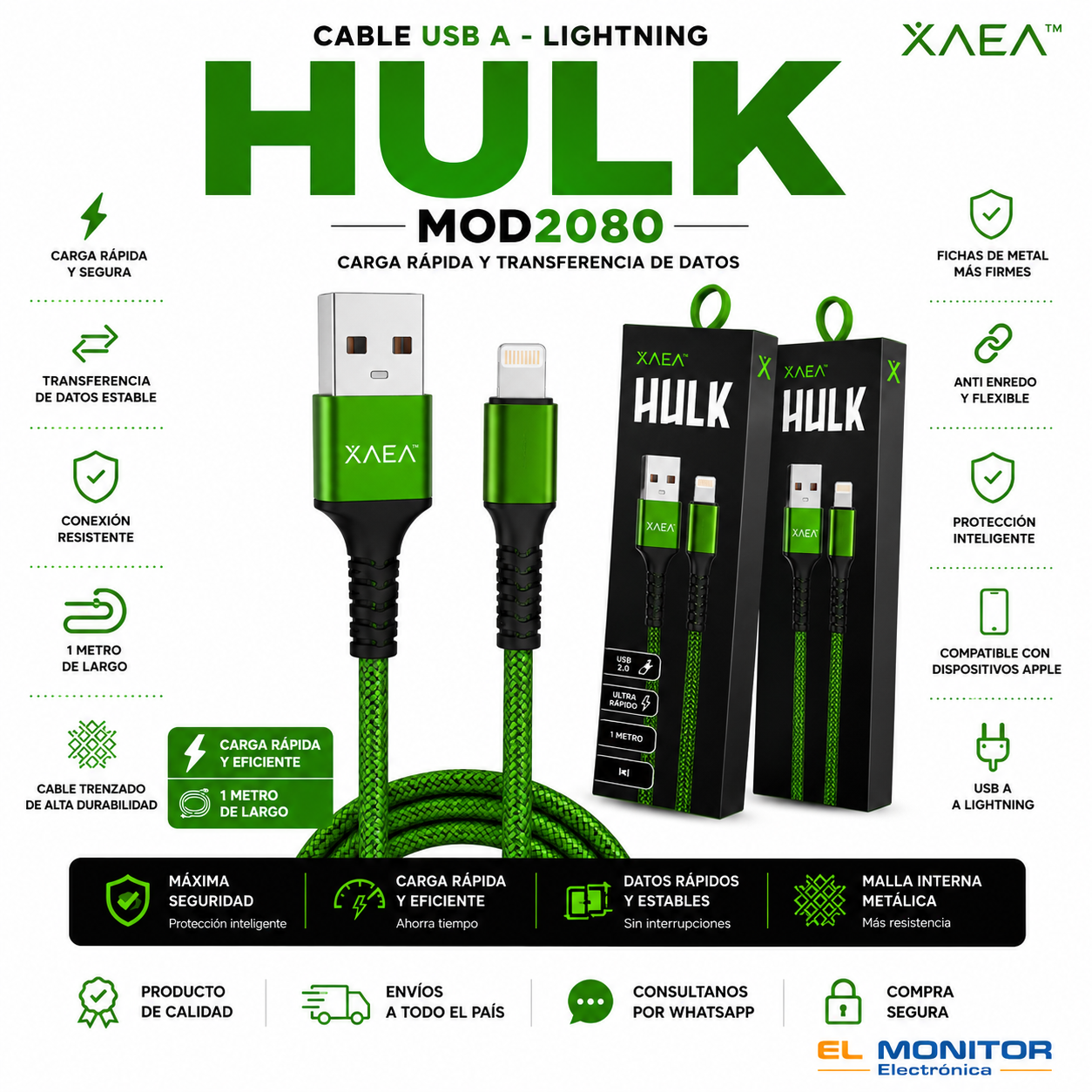 Cable USB a USB Lightning Iphone Xea Hulk Mod2080