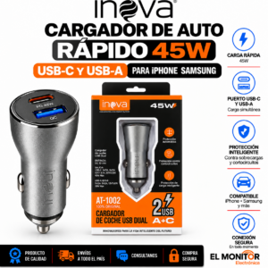 Cargador de Auto Inova Rápido 45W con USB-C y USB-A para iPhone Samsung