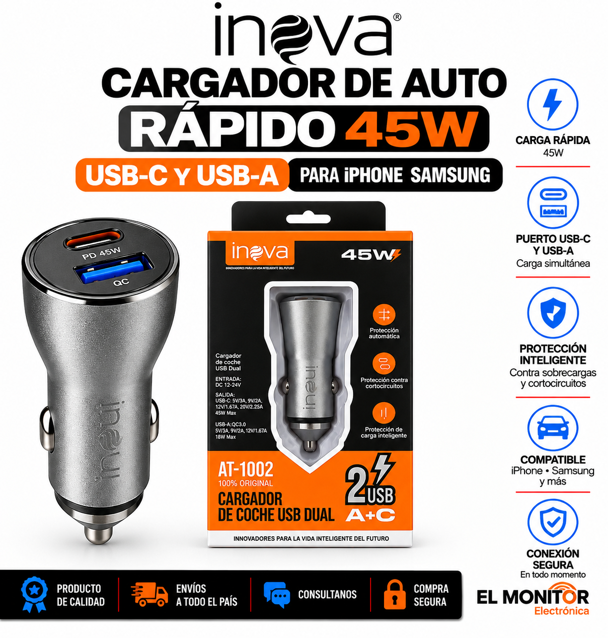 Cargador de Auto Inova Rápido 45W con USB-C y USB-A para iPhone Samsung
