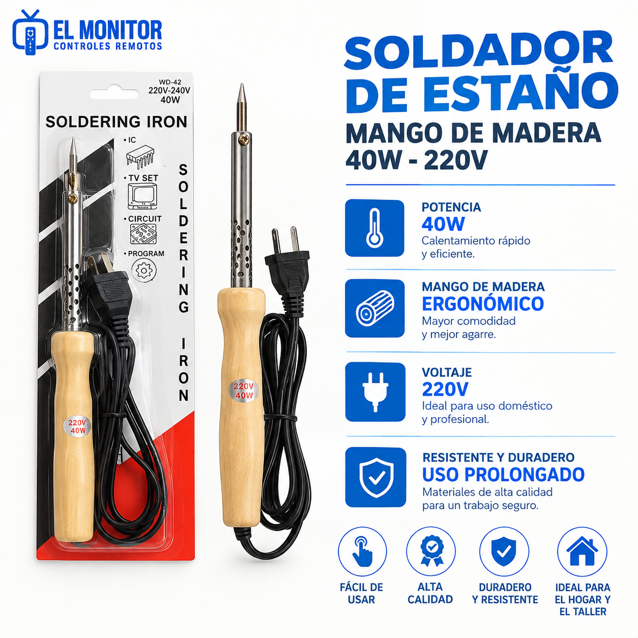 SOLDADOR CAUTIN ESTAÑO MANGO MADERA WD-42 220V-240V 40W