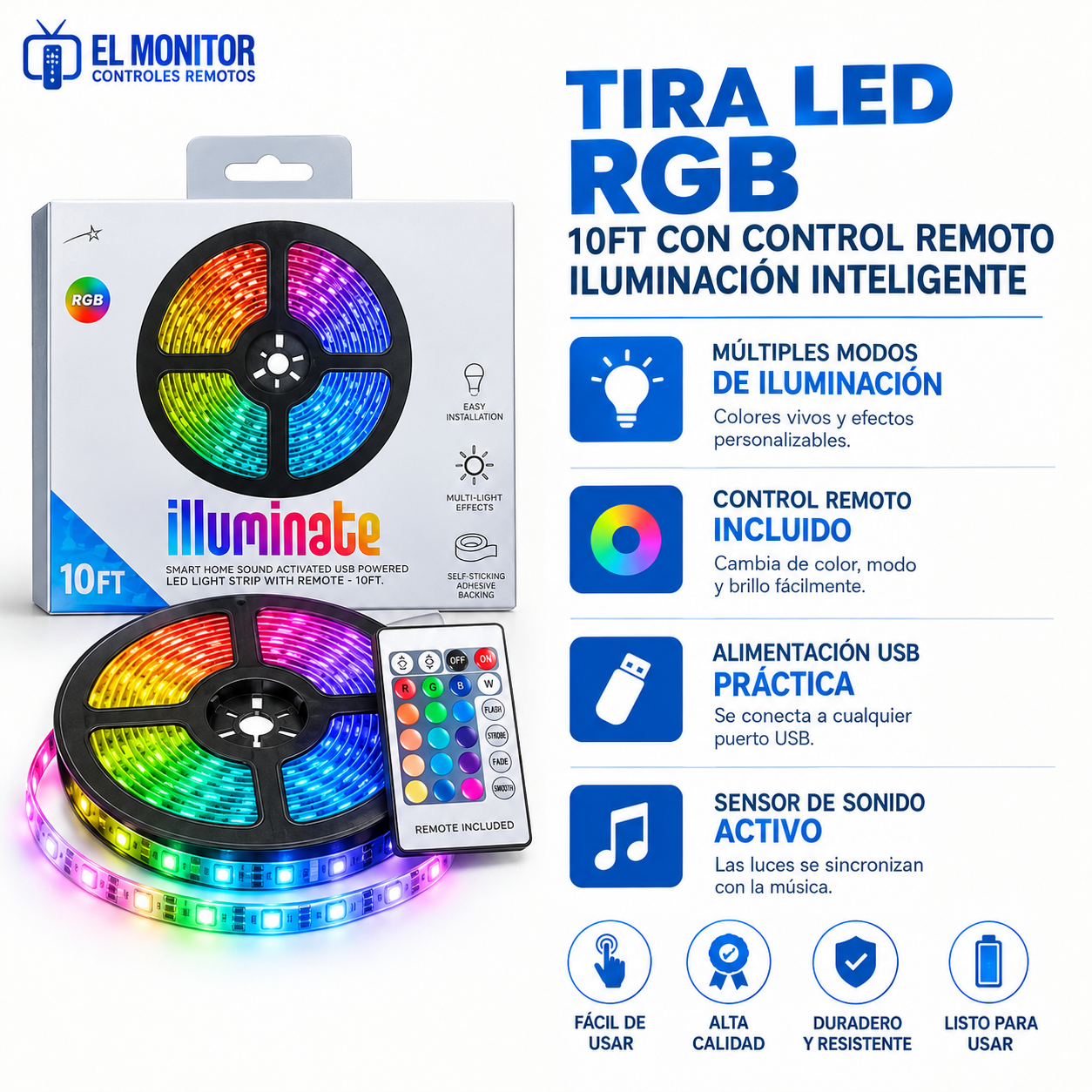 TIRA LED RGB 3M 5V CON CONTROL 10FT ILLUMINATE