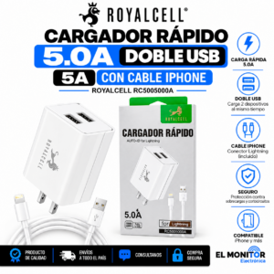 CARGADOR RÁPIDO 5.0A DOBLE USB 5A CON CABLE IPHONE ROYALCELL RC5005000A