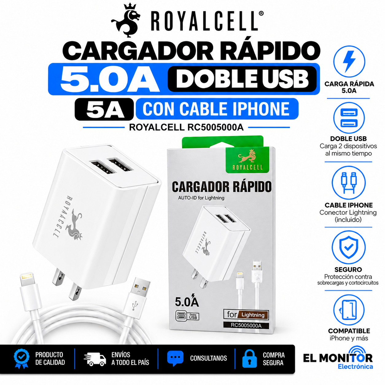 CARGADOR RÁPIDO 5.0A DOBLE USB 5A CON CABLE IPHONE ROYALCELL RC5005000A